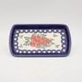 Handmade Bolesławiec ceramic rectangular tray platter featuring traditional Polish pottery patterns.