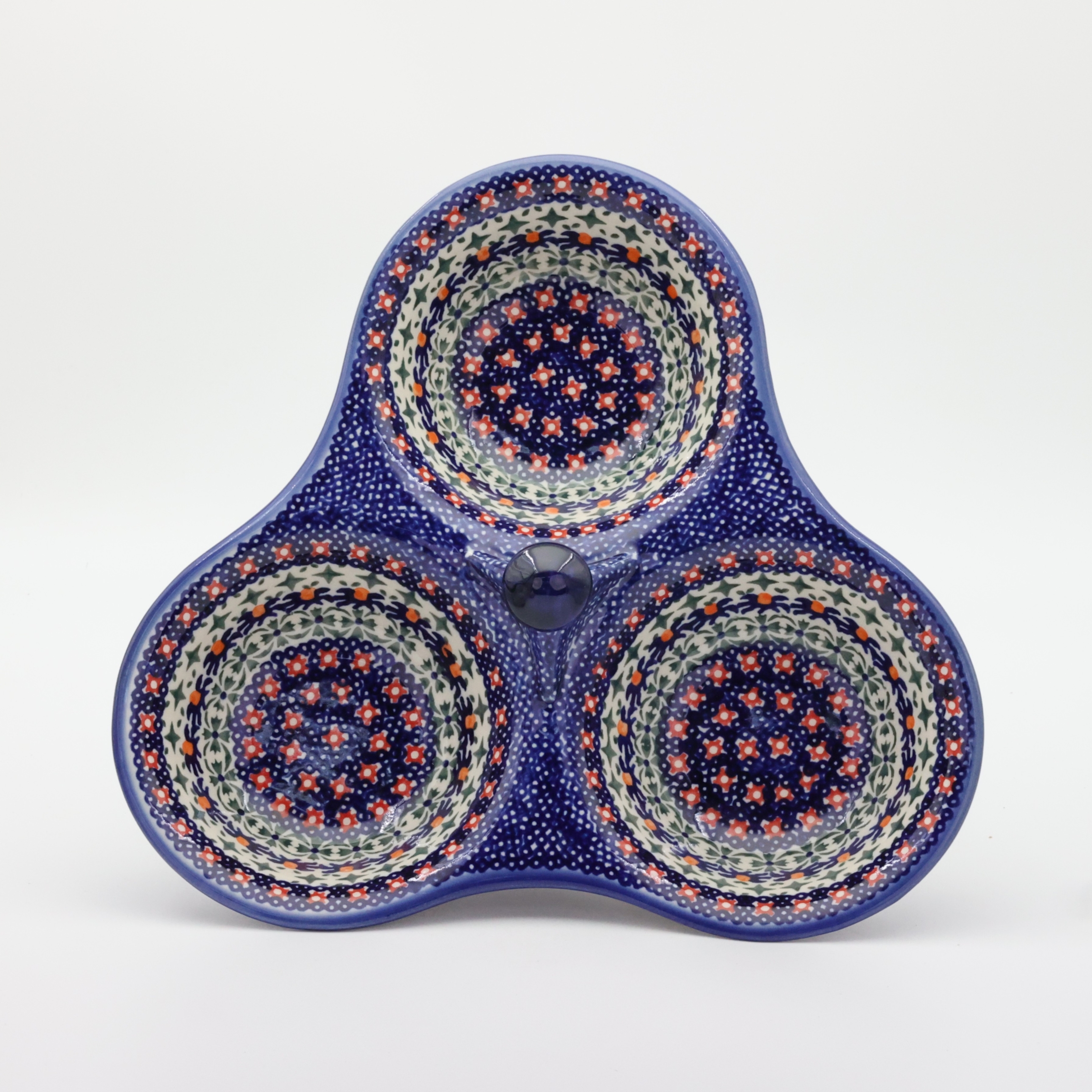 Triple serving tray A365 D21 – hand-painted Bolesławiec pottery, perfect for serving snacks, cheeses, and appetizers.