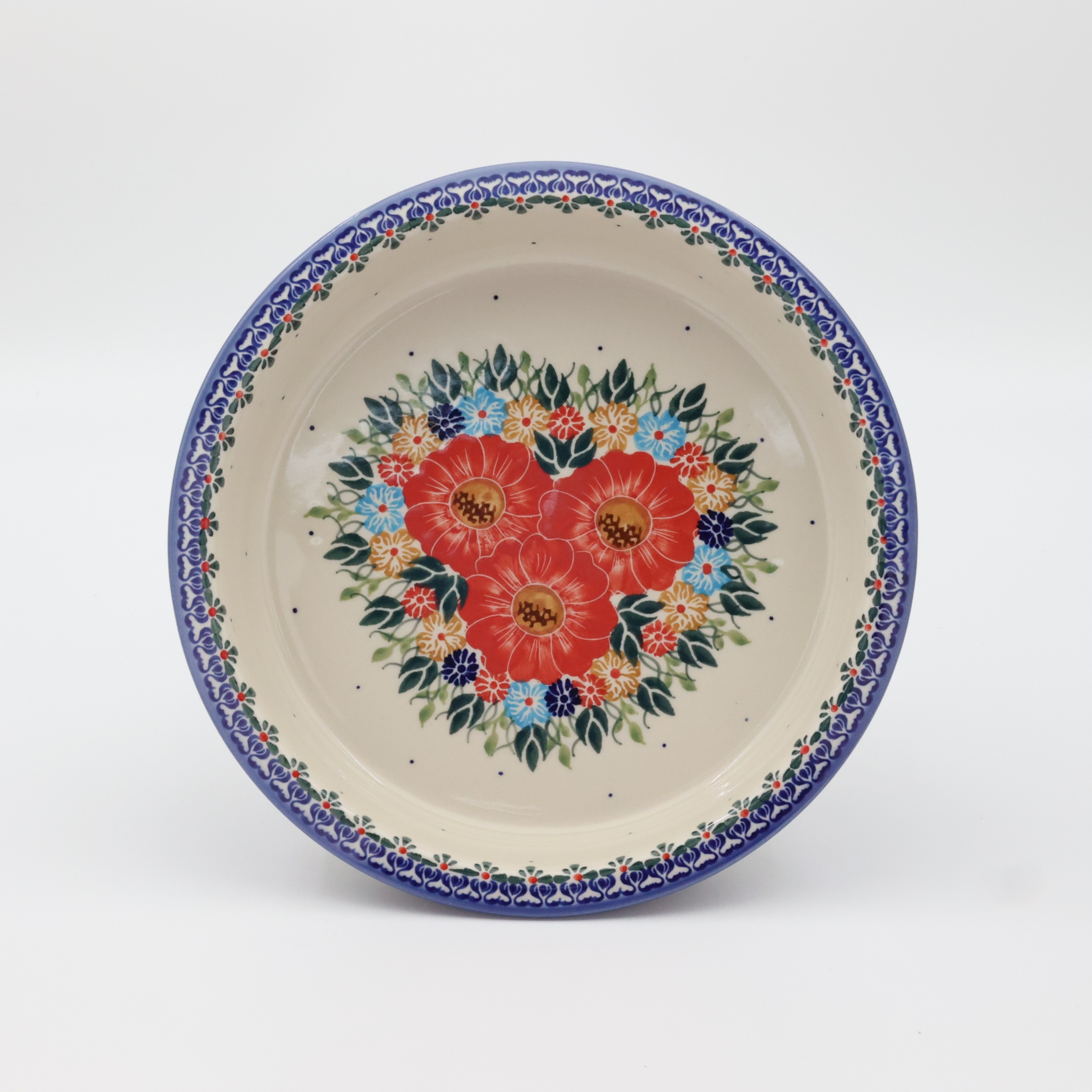 Round ceramic baking dish from Boleslawiec, authentic Polish pottery, hand painted stoneware cookware, handmade artisan ceramic dish for oven, microwave and dishwasher.