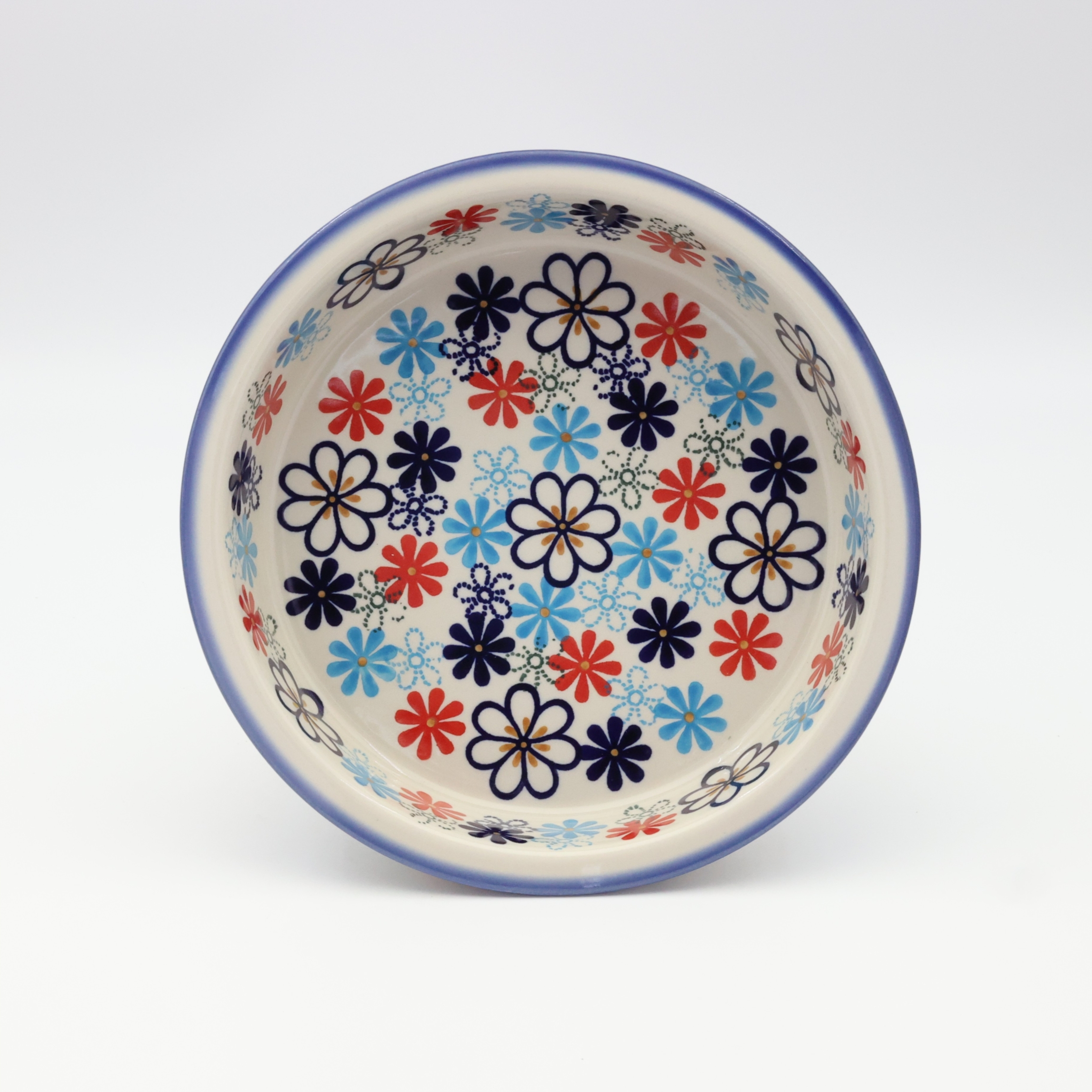 Round ceramic baking dish from Boleslawiec, authentic Polish pottery, hand painted stoneware cookware, handmade artisan ceramic dish for oven, microwave and dishwasher.