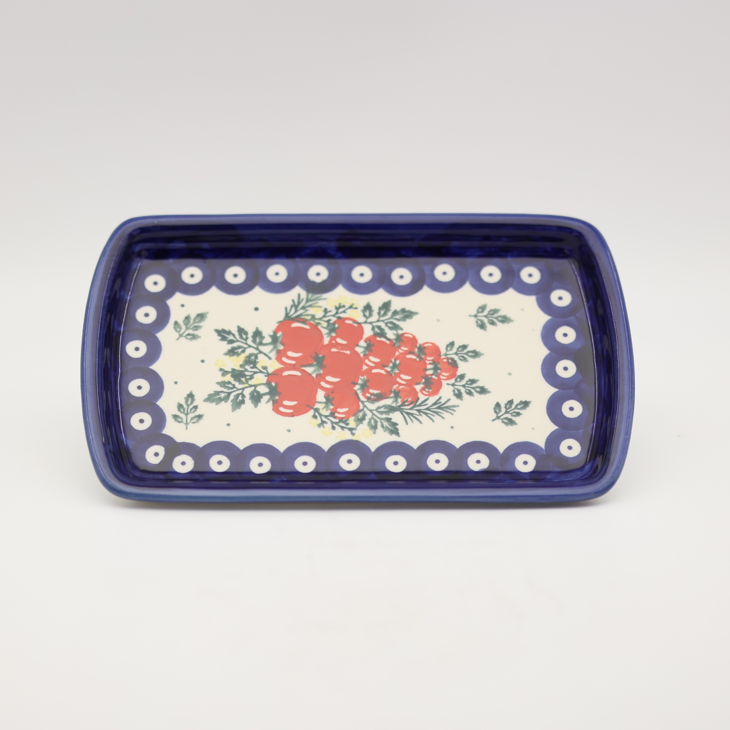 Handmade Bolesławiec ceramic rectangular tray platter featuring traditional Polish pottery patterns.