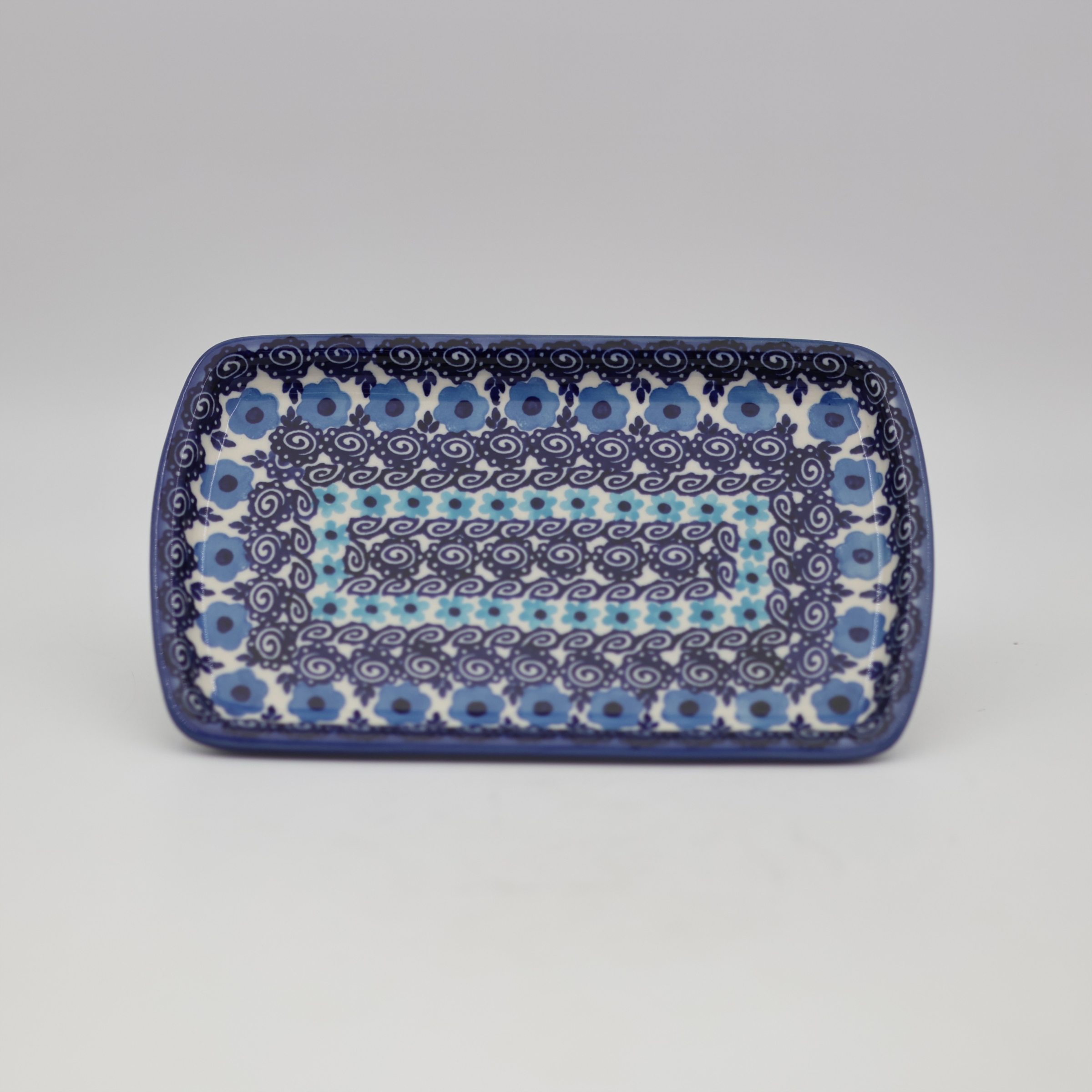 Handcrafted Bolesławiec rectangular ceramic tray made from high-quality, heat-retentive Polish clay.